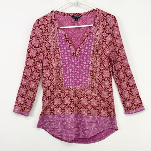 Lucky Brand Pink Red Boho Bandana Print Jersey Knit V Neck Pullover Festival Top - Picture 4 of 15